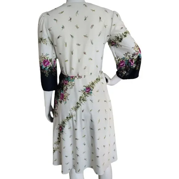 VTG 70s Piccolo Floral Border Print Midi Dress Boho Cottagecore Romantic V-Neck - Picture 2 of 7